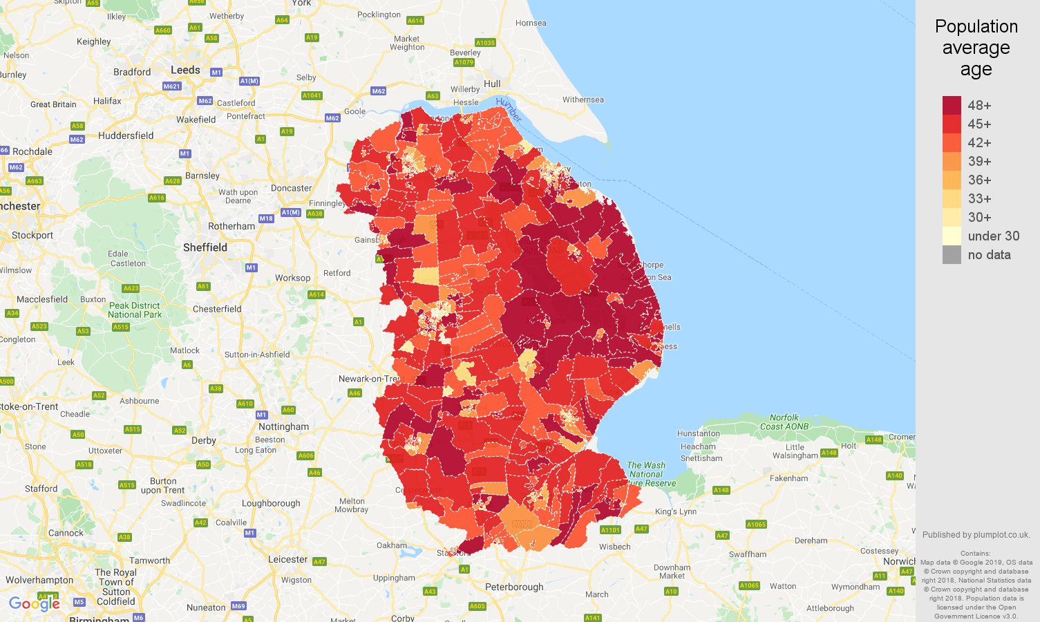 Lincolnshire population average age map