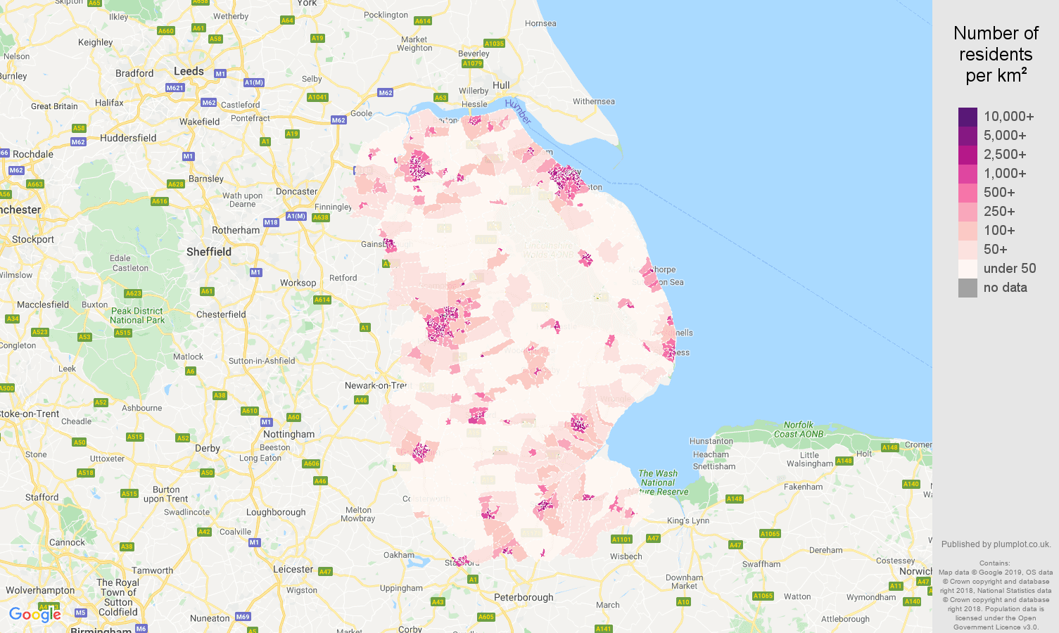 Lincolnshire population density map