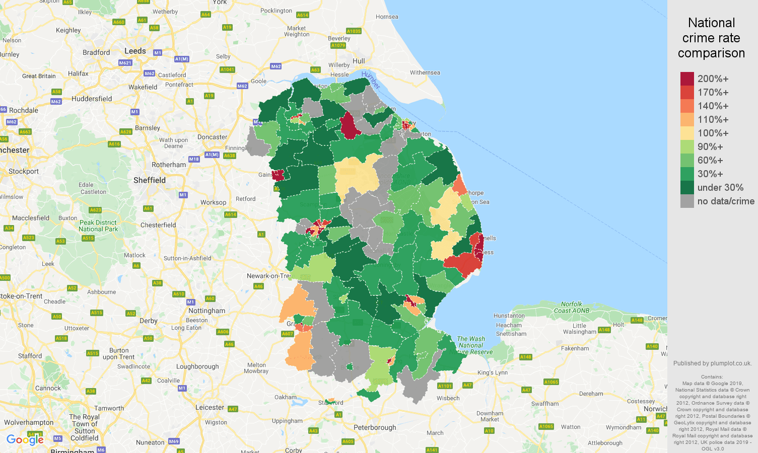 Lincolnshire possession of weapons crime rate comparison map