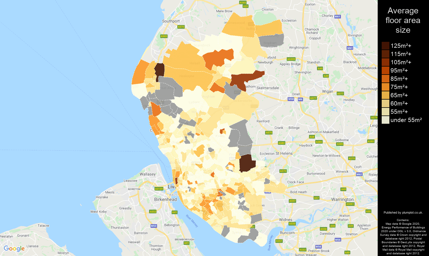 Liverpool map of average floor area size of flats