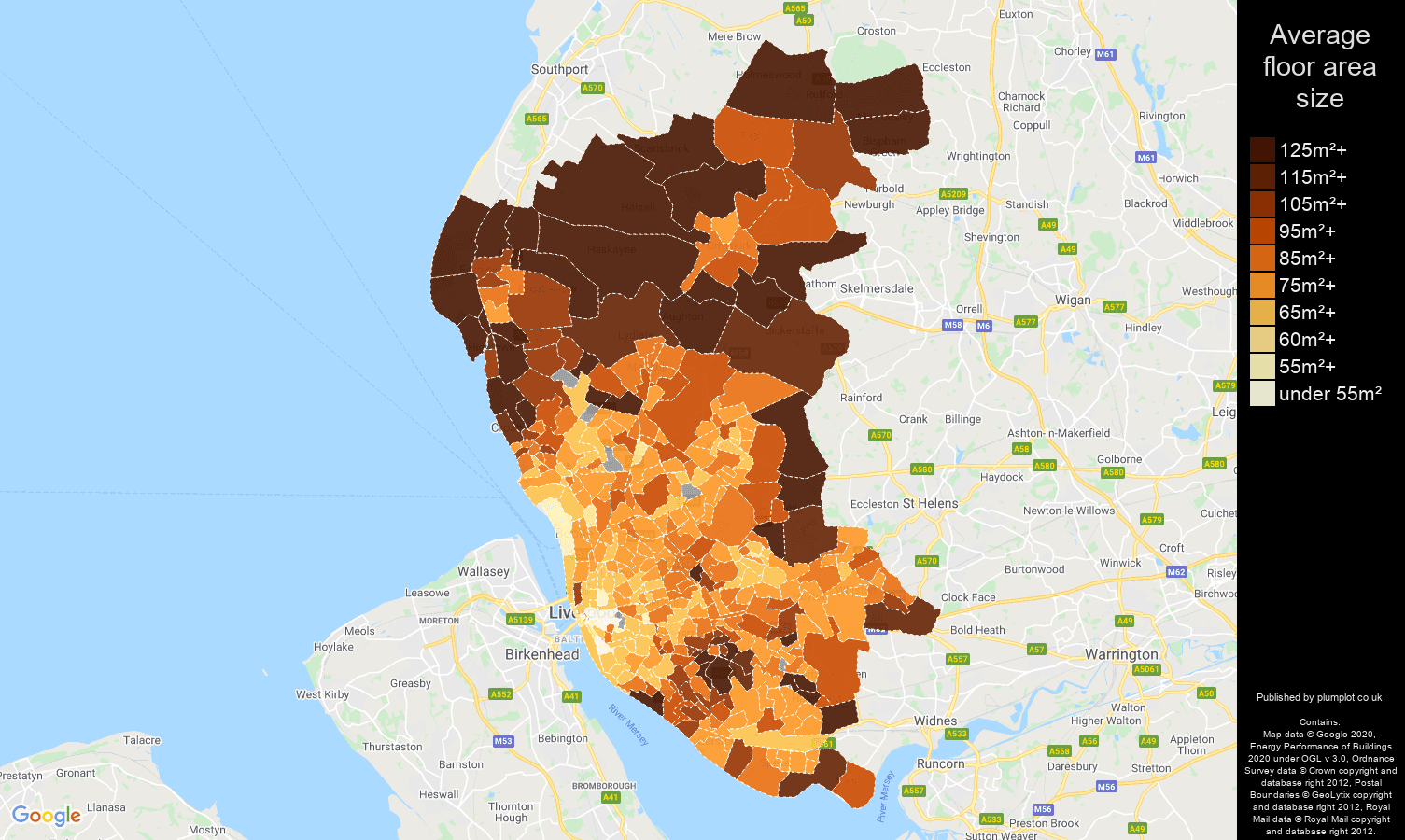 Liverpool map of average floor area size of properties