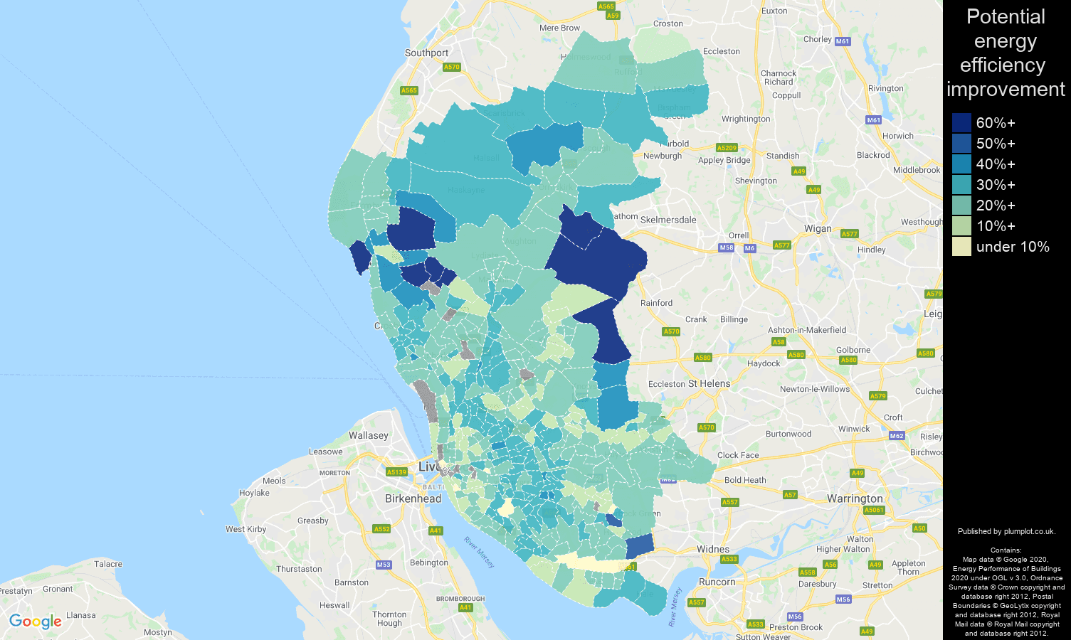 Liverpool map of potential energy efficiency improvement of houses