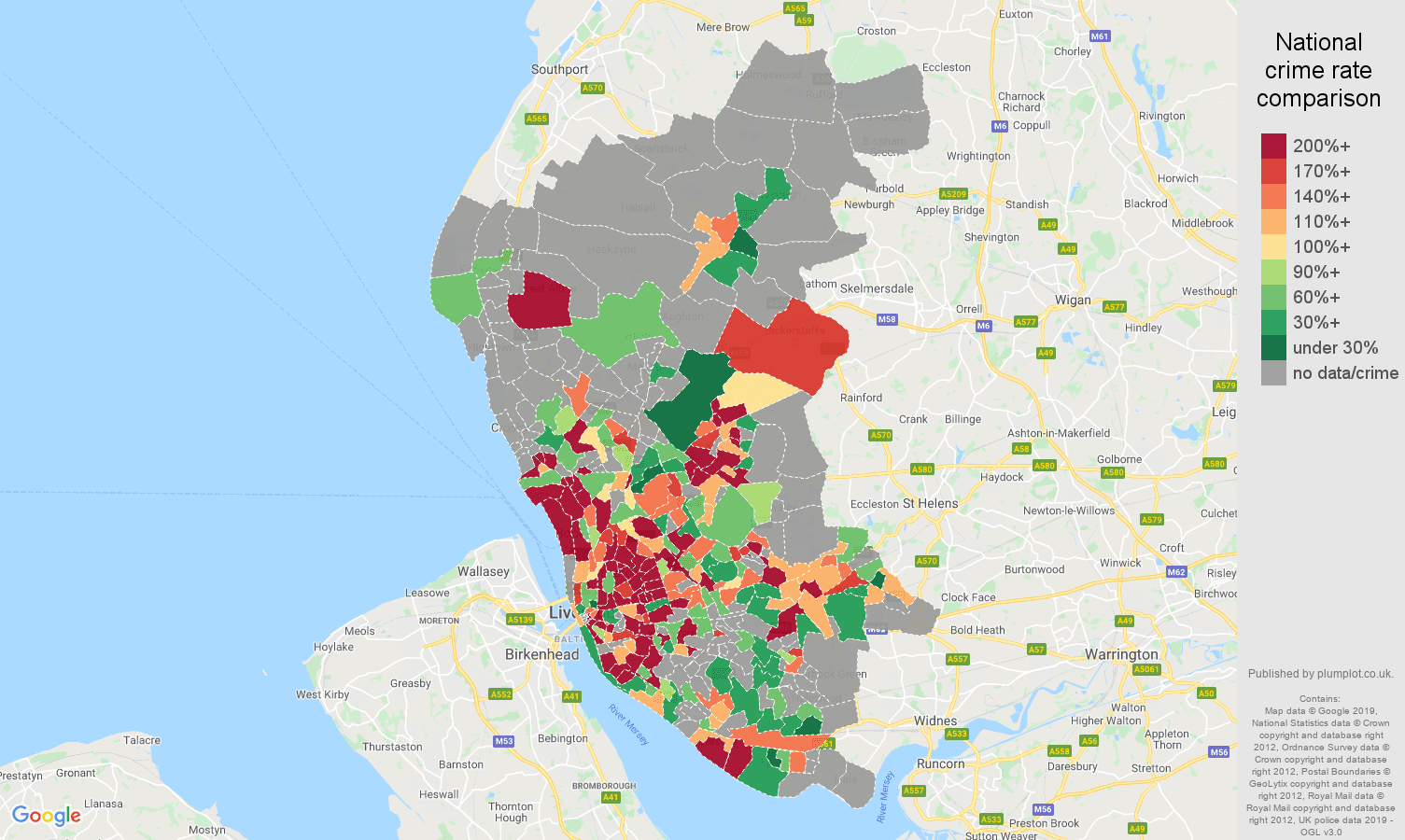 Liverpool possession of weapons crime rate comparison map