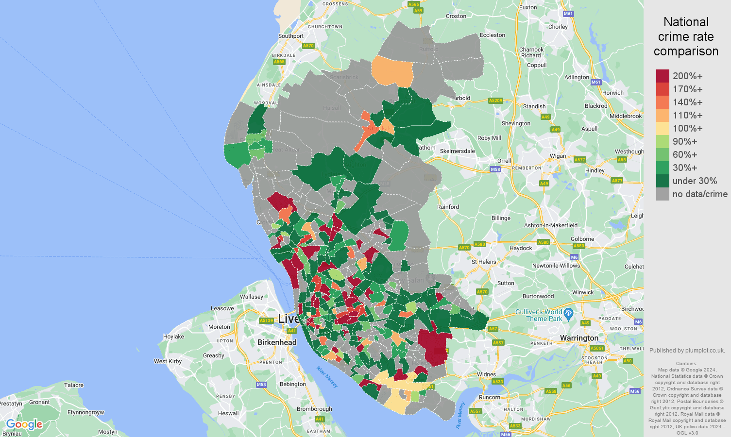 Liverpool shoplifting crime rate comparison map