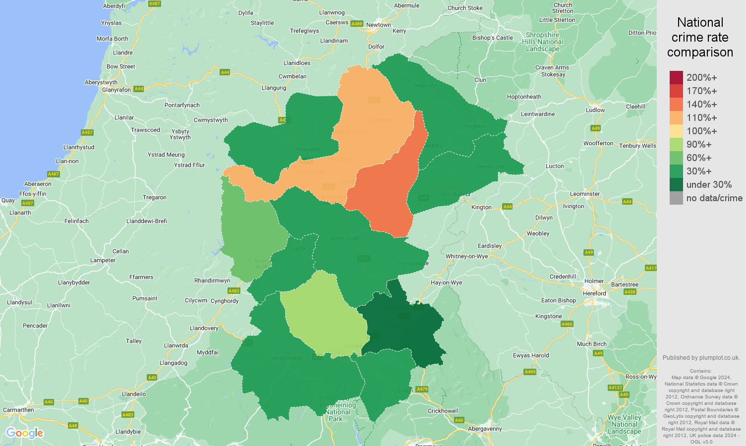 Llandrindod Wells antisocial behaviour crime rate comparison map