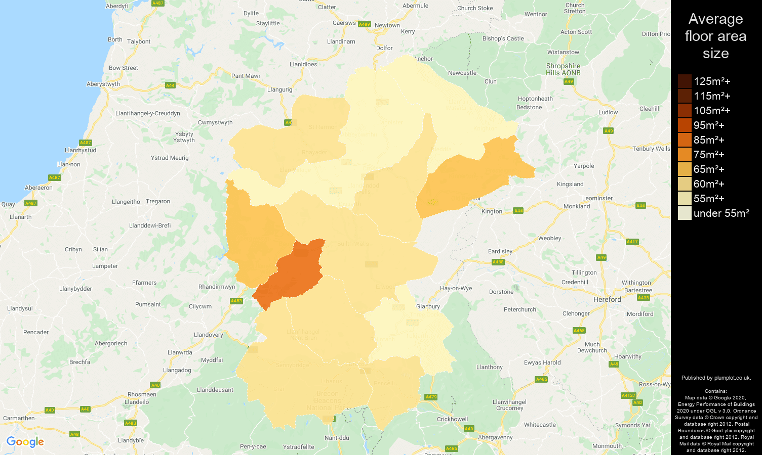 Llandrindod Wells map of average floor area size of flats