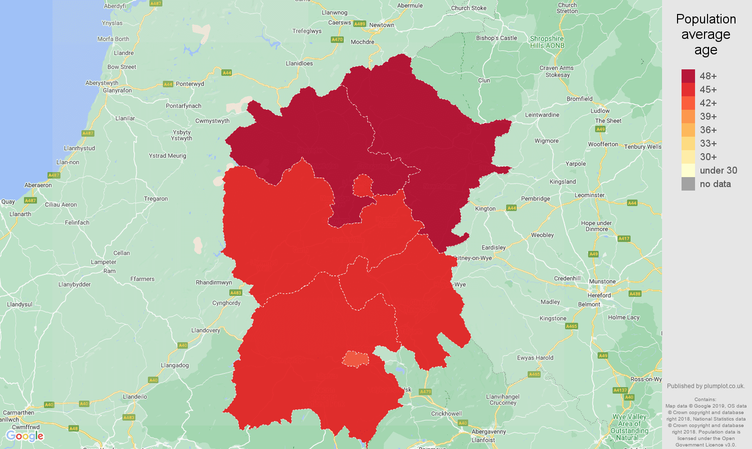 Llandrindod Wells population average age map