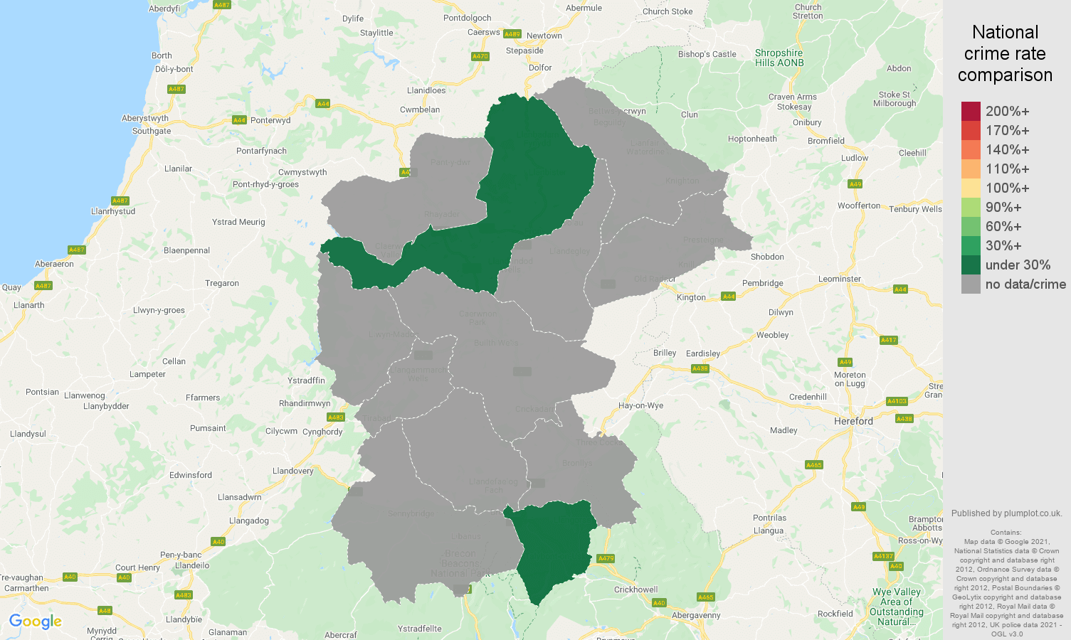 Llandrindod Wells theft from the person crime rate comparison map