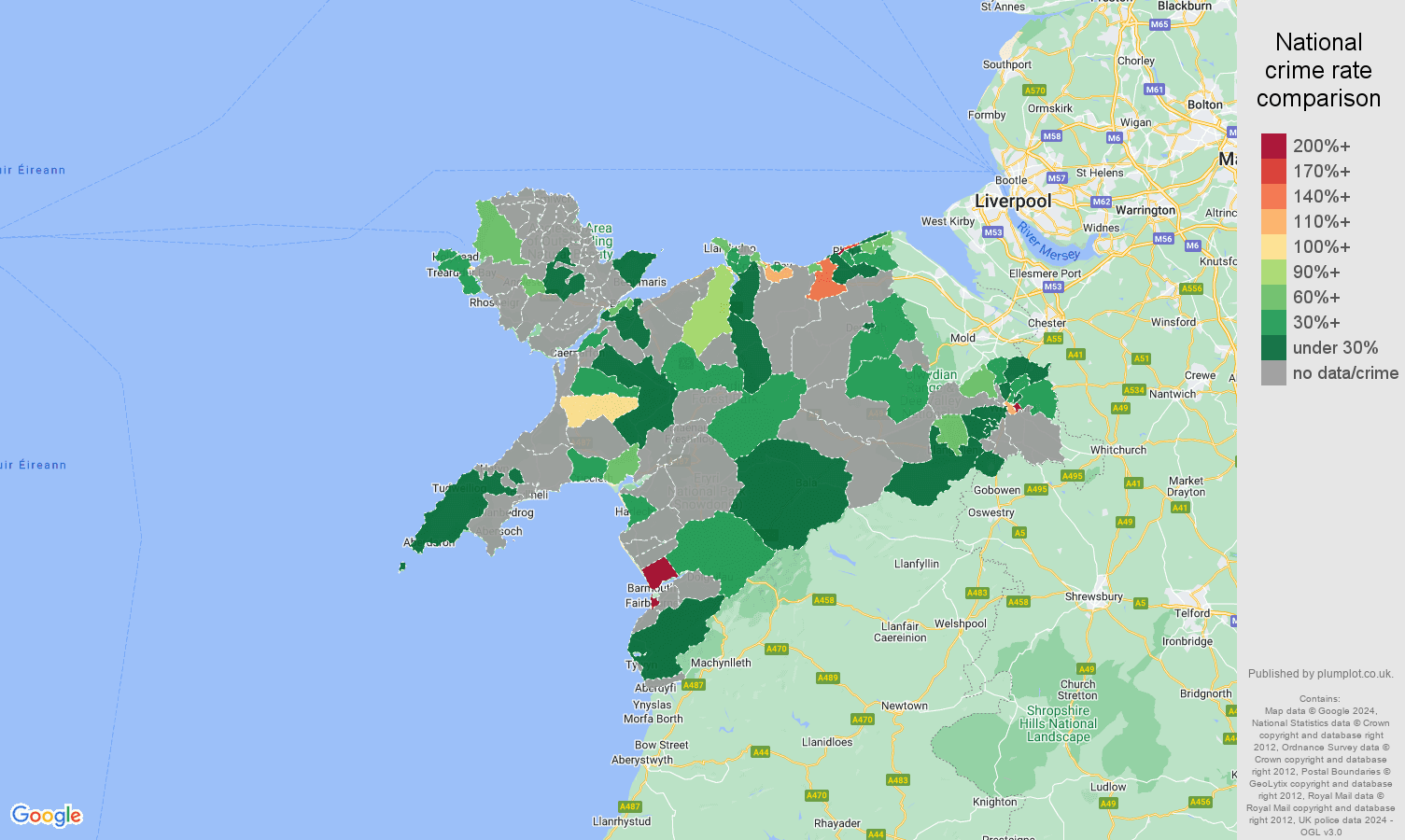 Llandudno bicycle theft crime rate comparison map