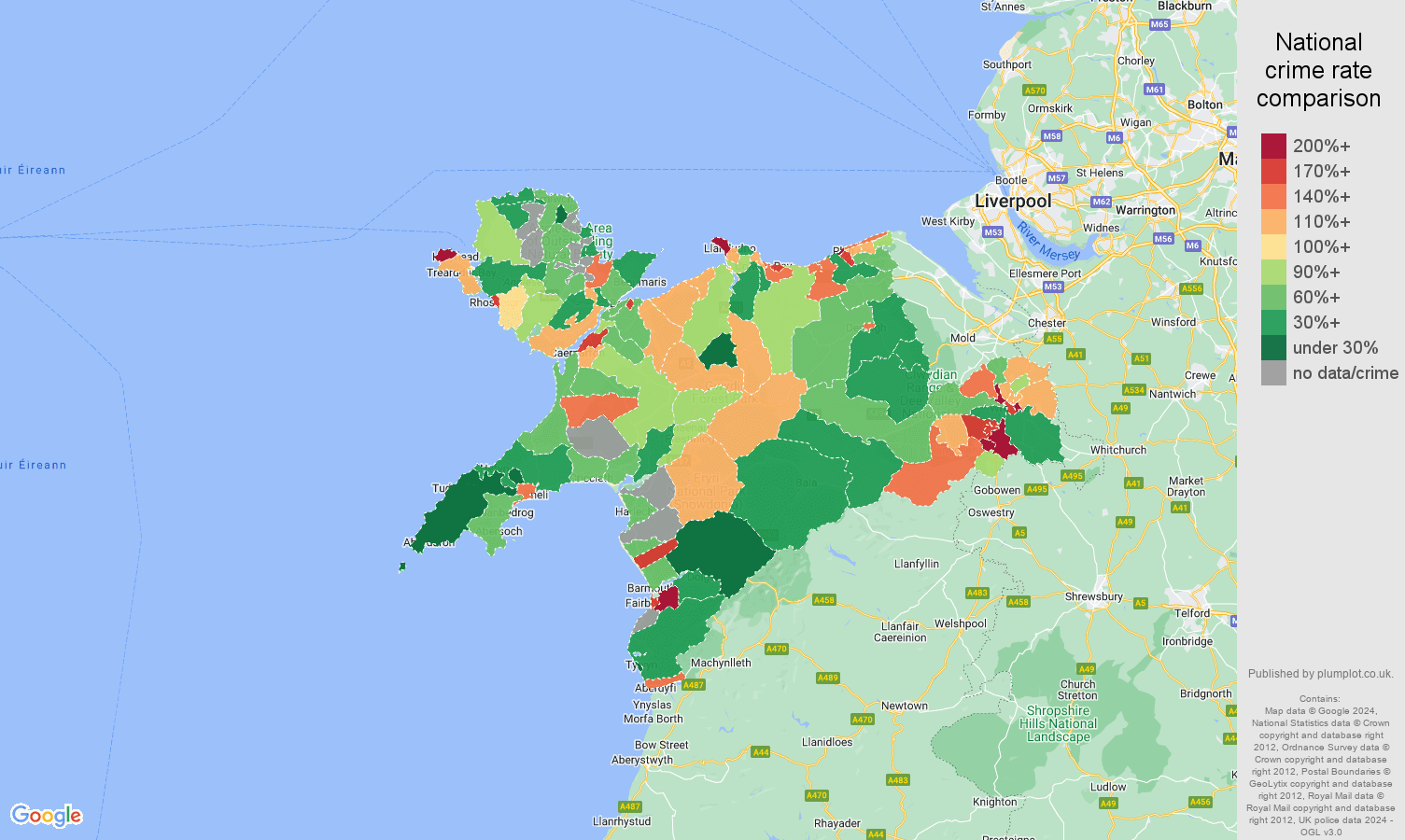 Llandudno criminal damage and arson crime rate comparison map