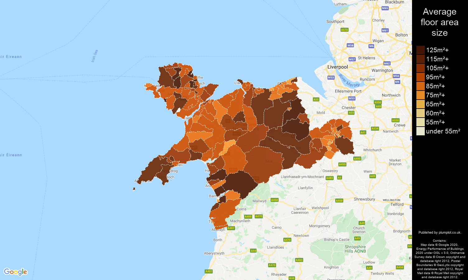 Llandudno map of average floor area size of houses