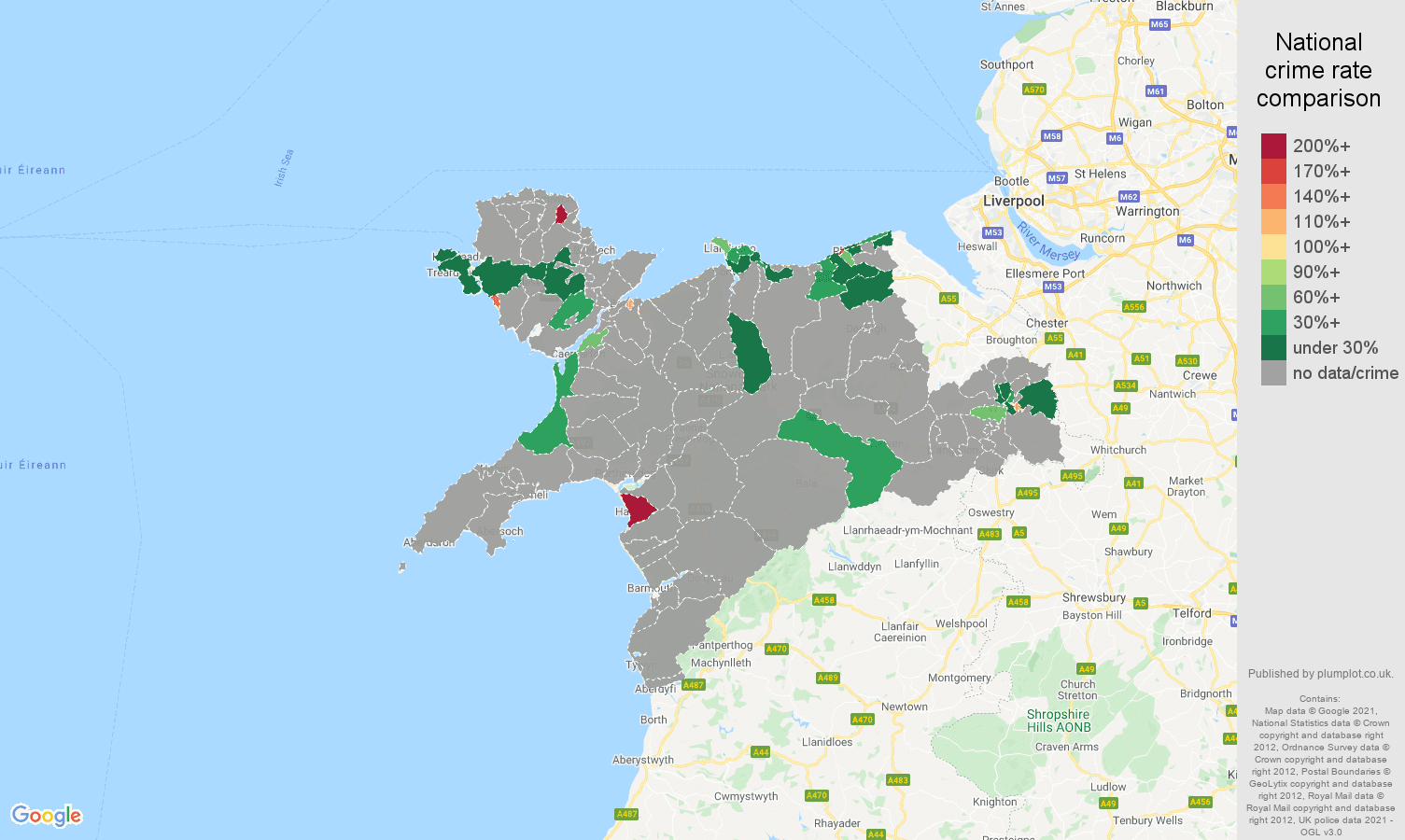 Llandudno theft from the person crime rate comparison map