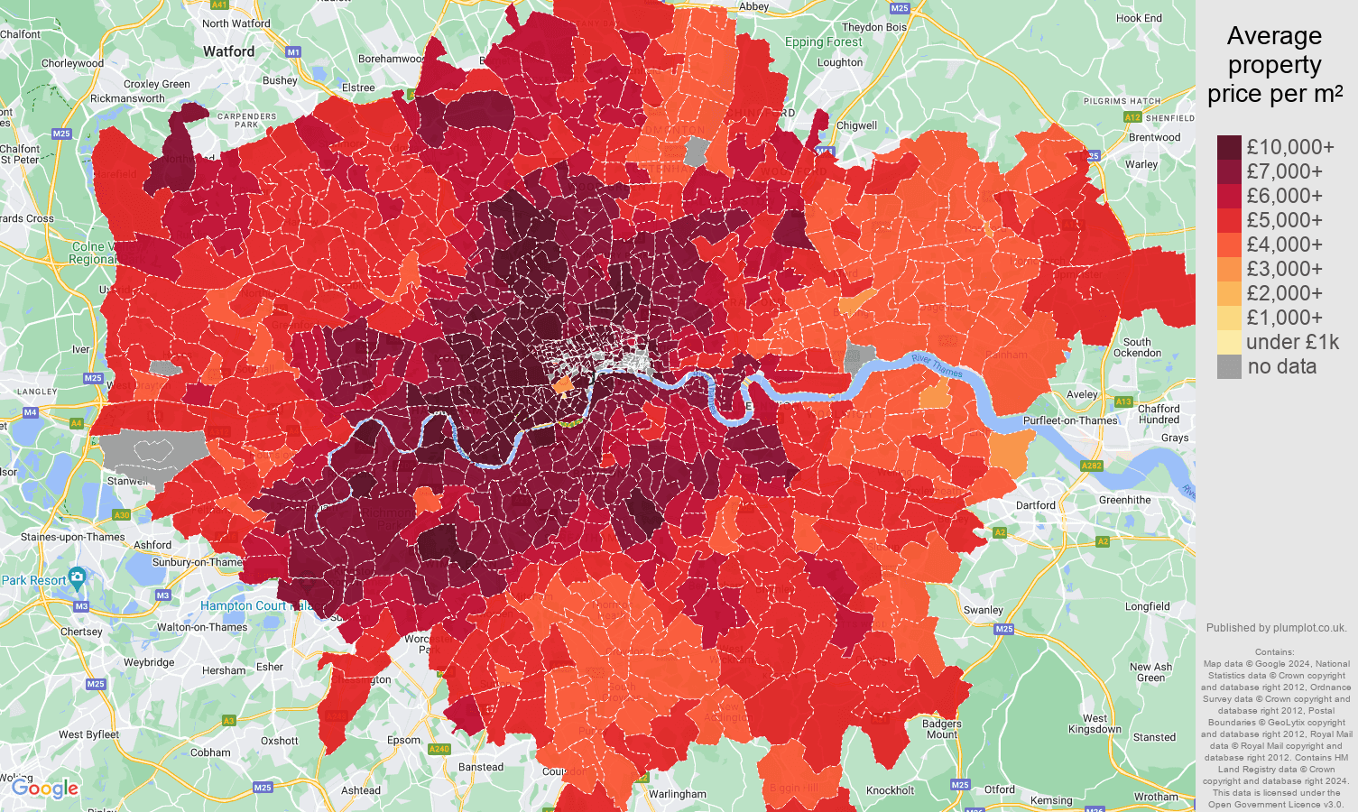 London house prices per square metre map