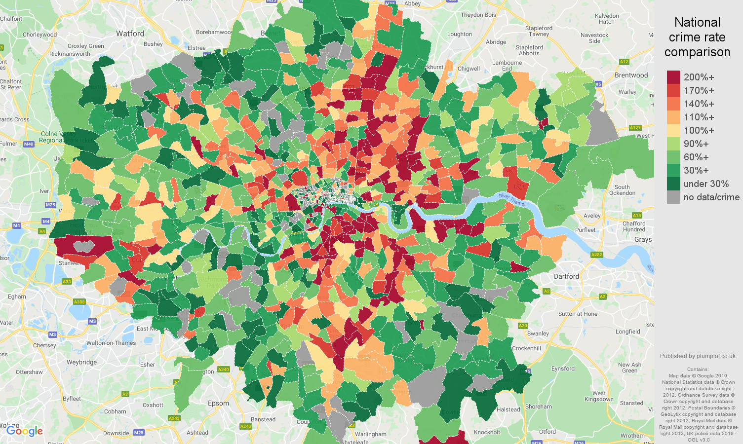 London possession of weapons crime rate comparison map