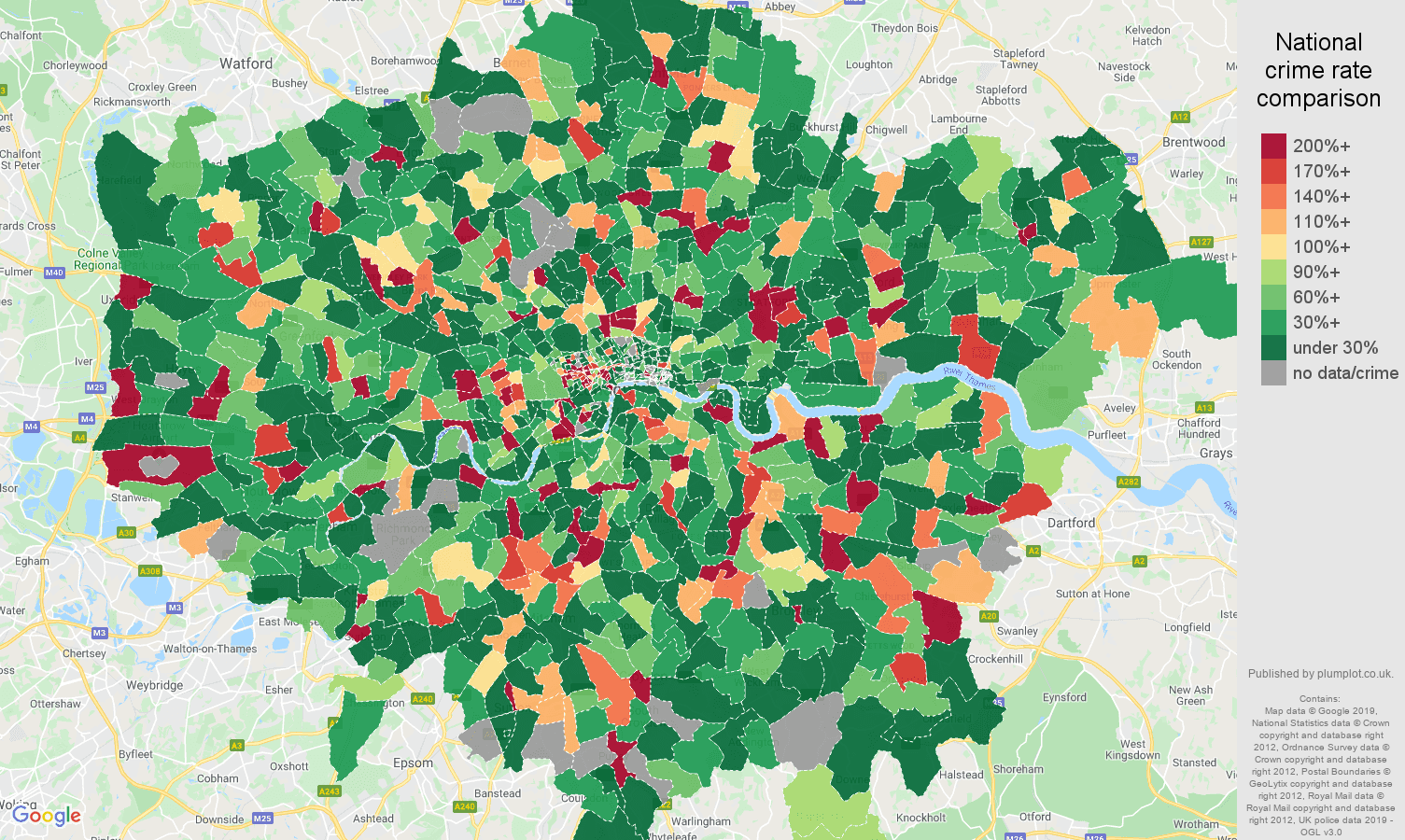 London shoplifting crime rate comparison map