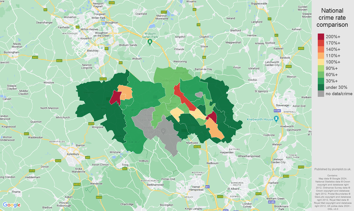Luton bicycle theft crime rate comparison map