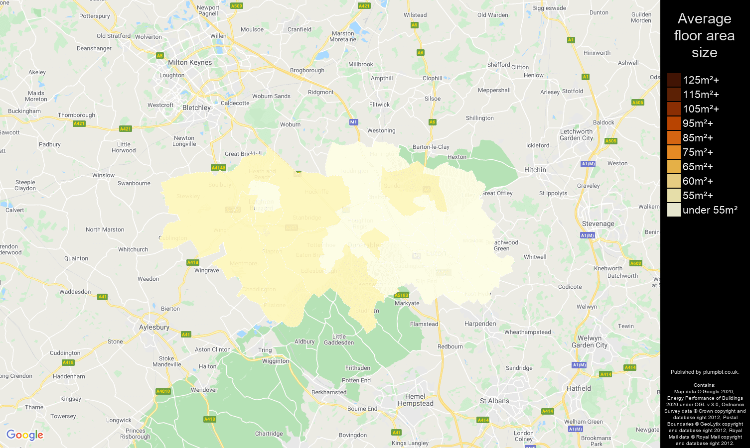Luton map of average floor area size of flats