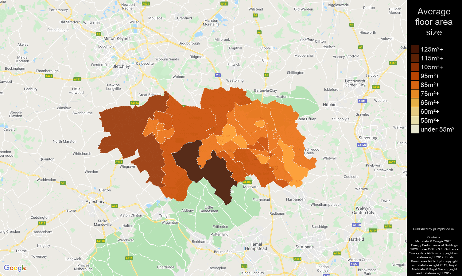 Luton map of average floor area size of houses