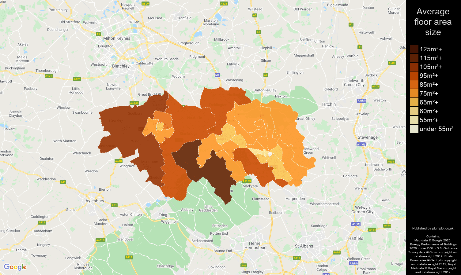 Luton map of average floor area size of properties