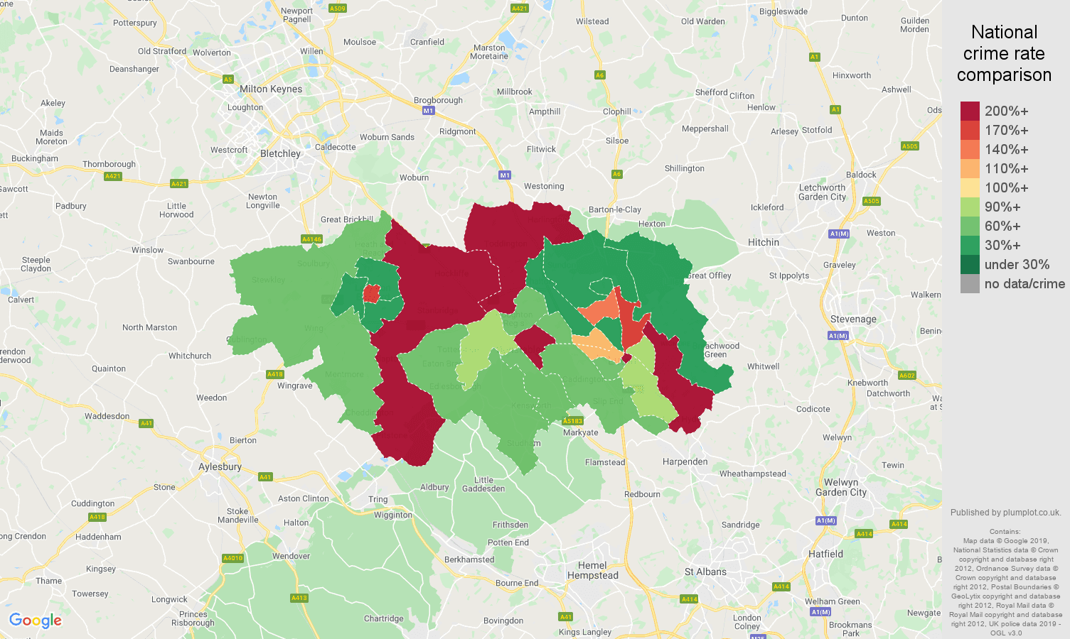 Luton other theft crime rate comparison map