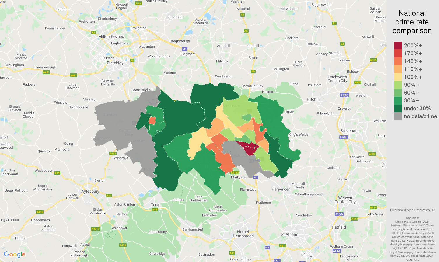 Luton robbery crime rate comparison map