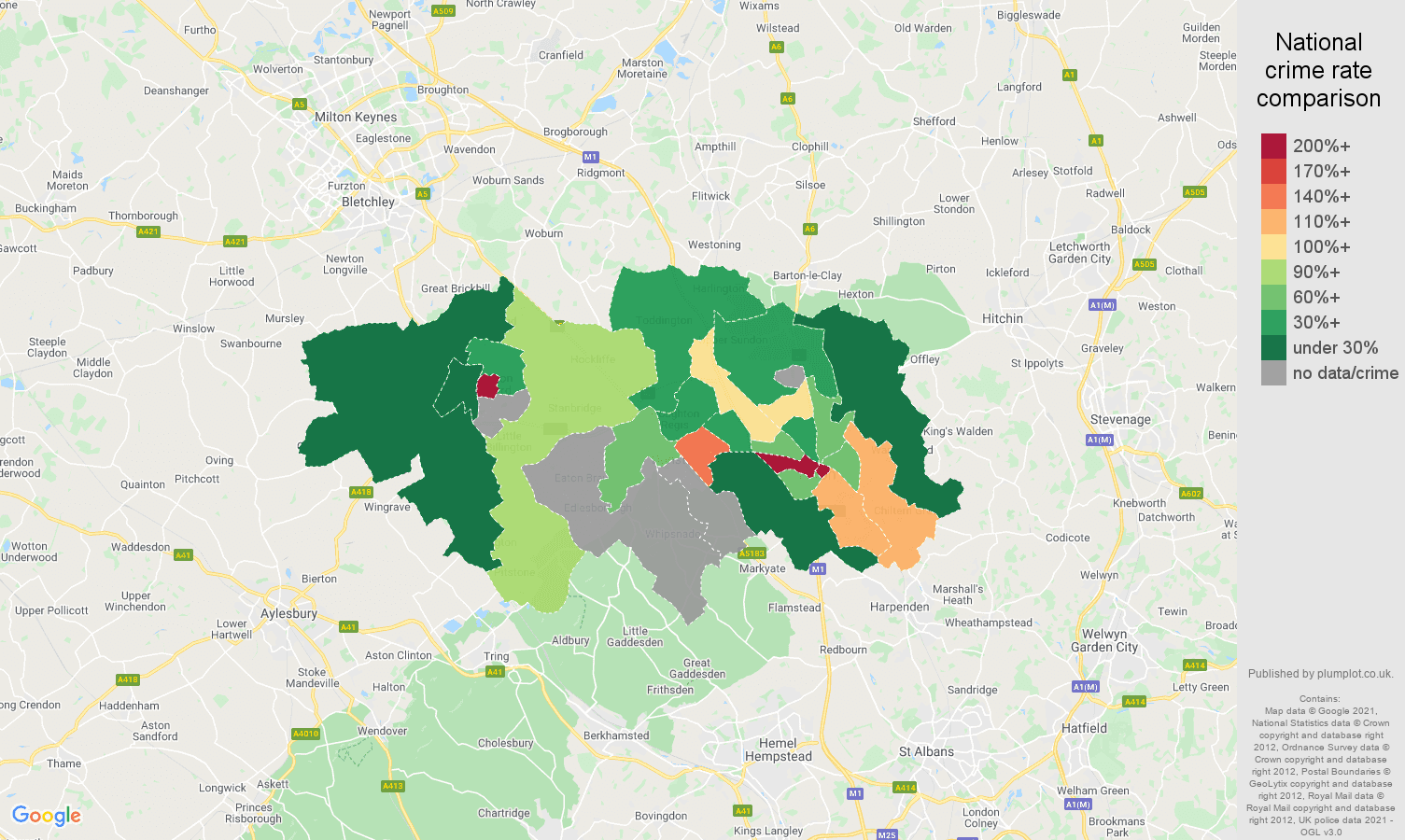 Luton theft from the person crime rate comparison map