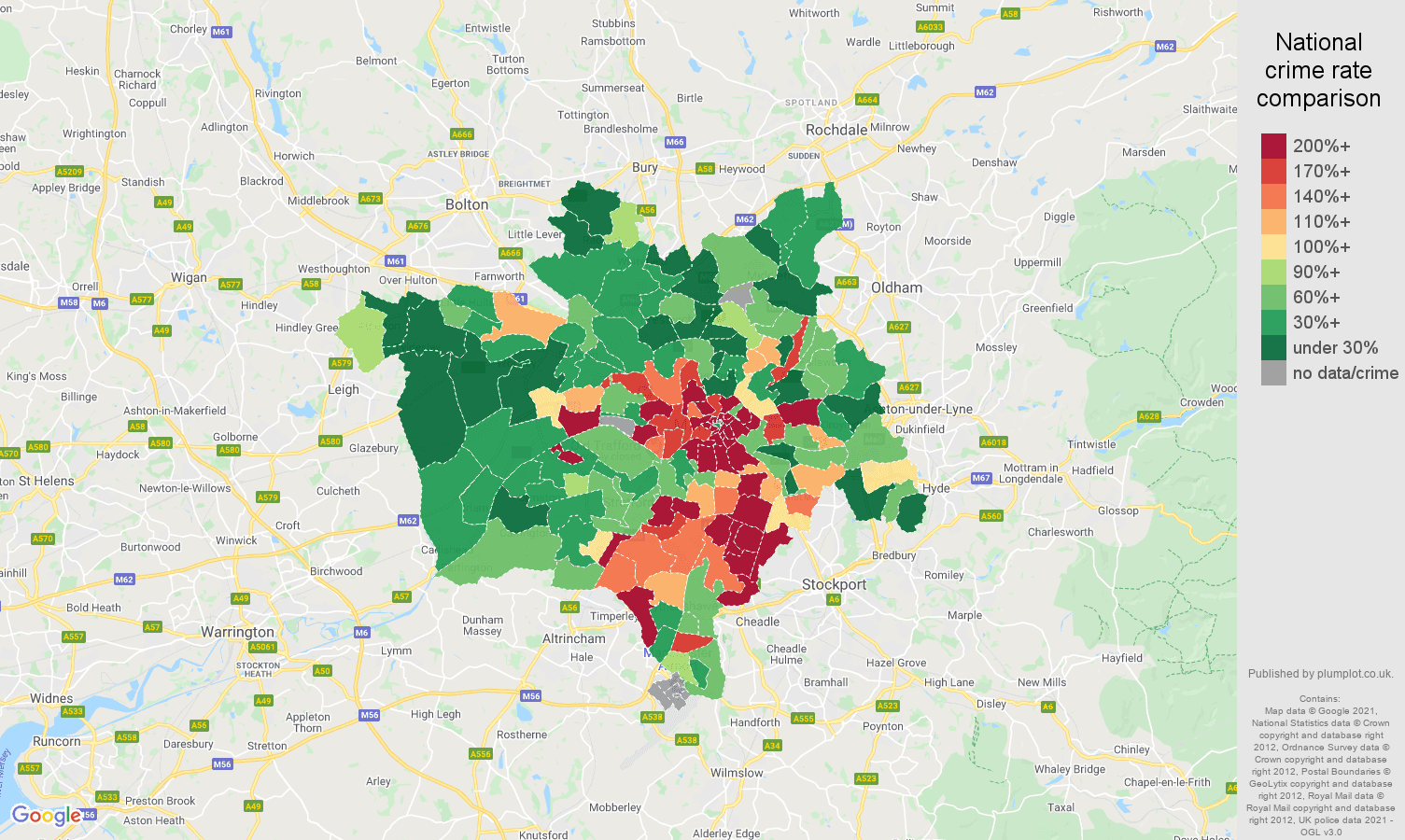 Manchester bicycle theft crime rate comparison map