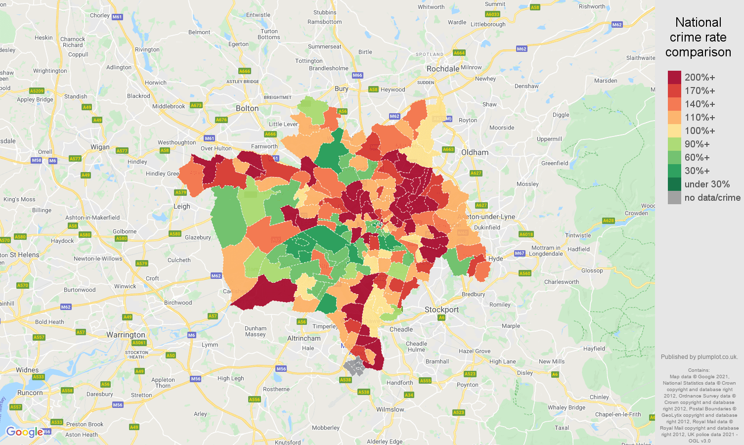 Manchester criminal damage and arson crime rate comparison map