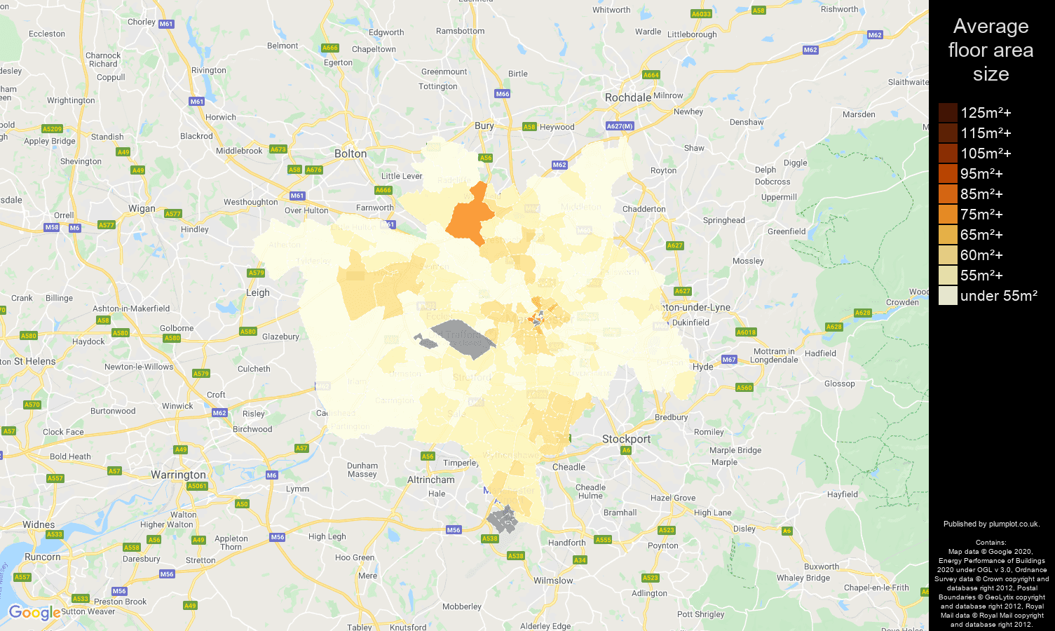 Manchester map of average floor area size of flats