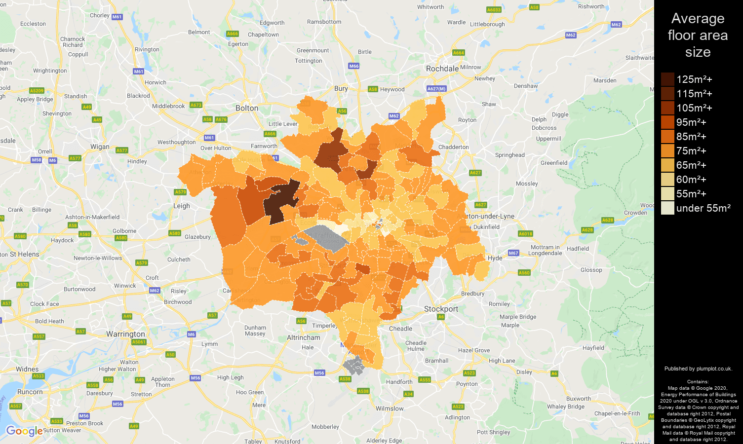 Manchester map of average floor area size of properties