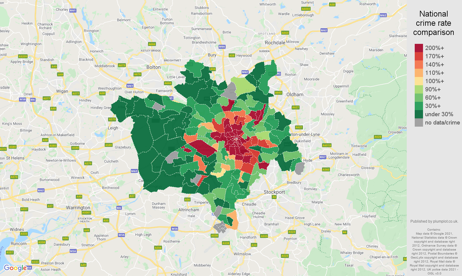 Manchester theft from the person crime rate comparison map
