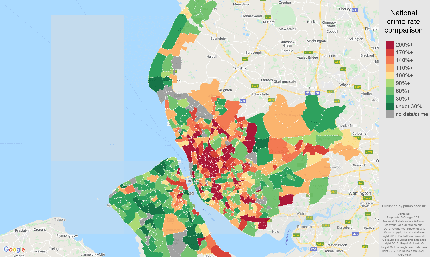 Merseyside burglary crime rate comparison map