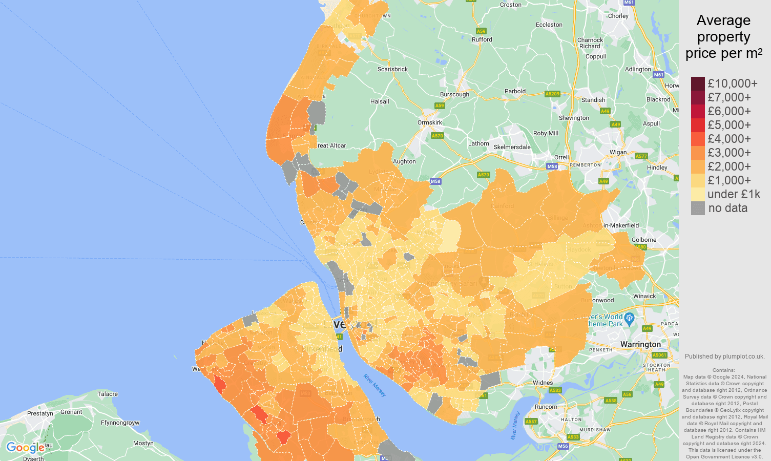 Merseyside house prices per square metre map
