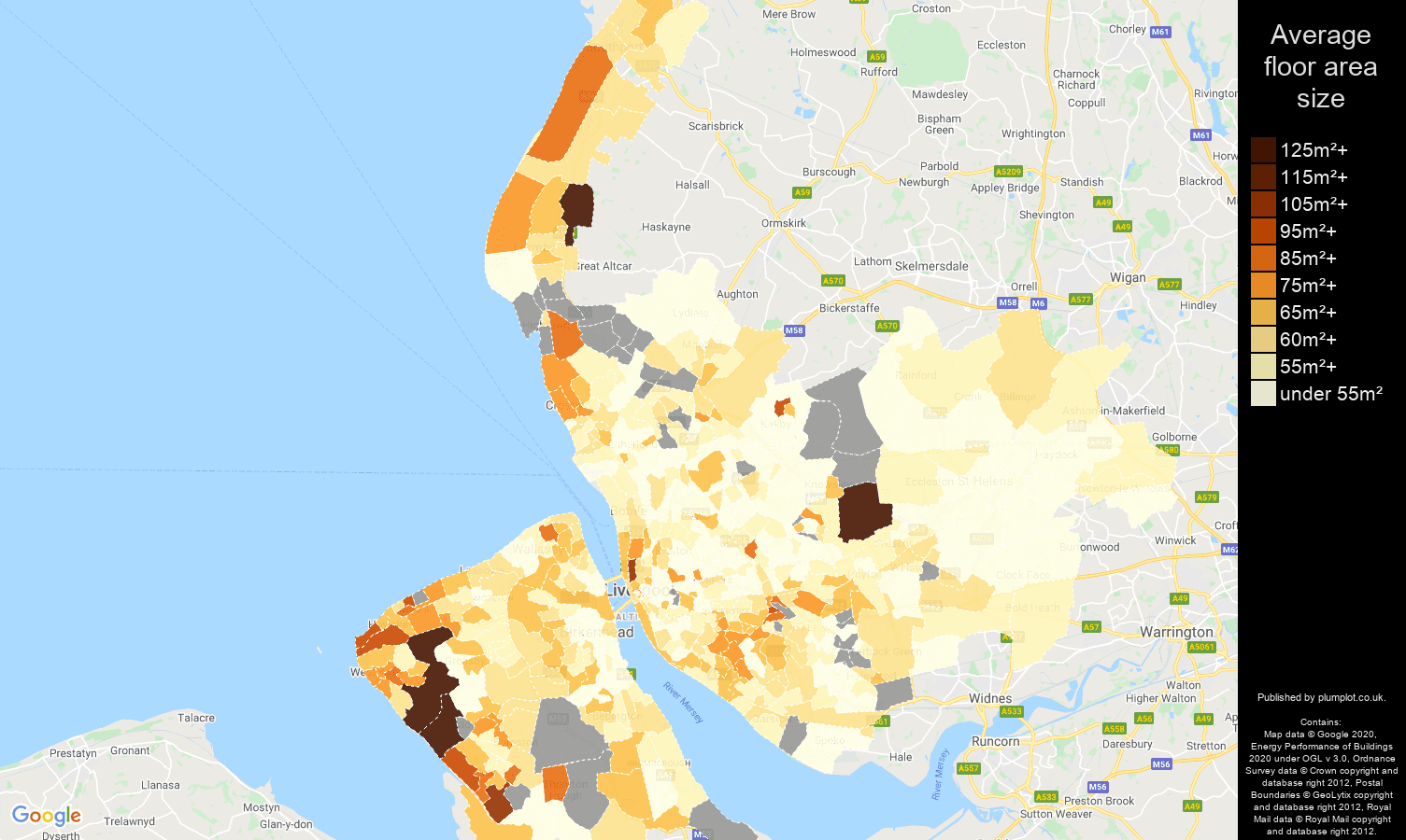 Merseyside map of average floor area size of flats