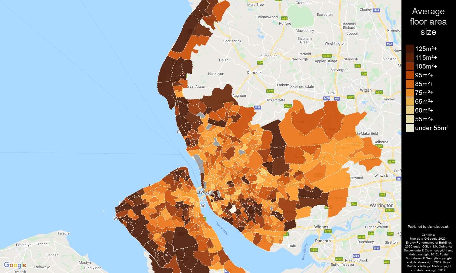 Merseyside map of average floor area size of houses