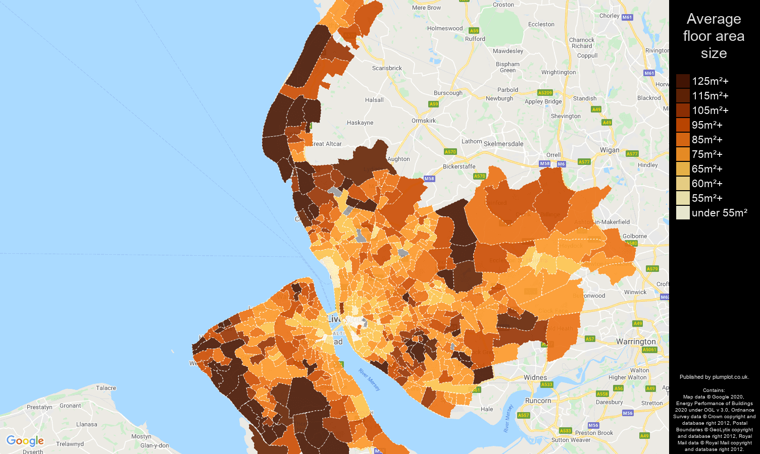 Merseyside map of average floor area size of properties