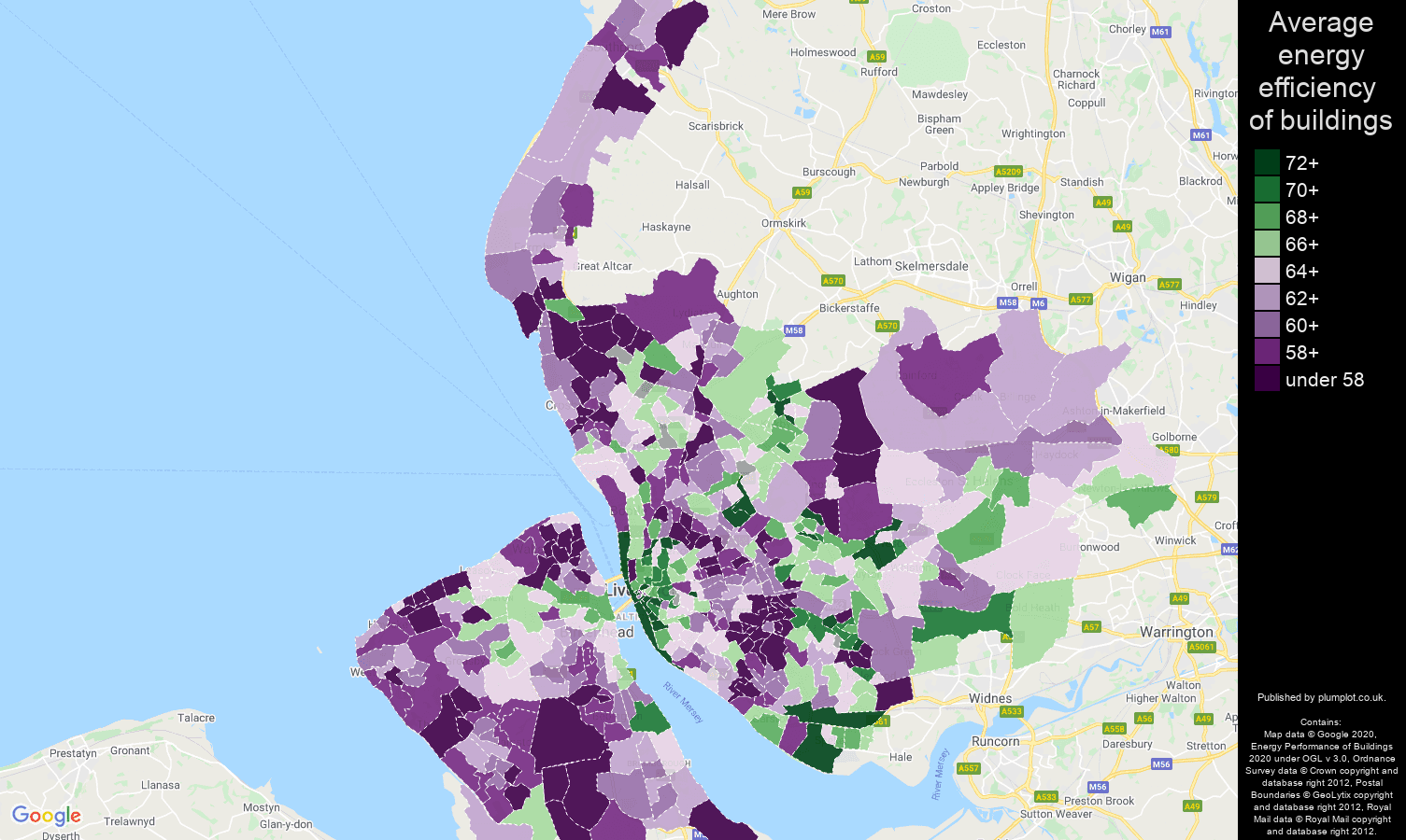 Merseyside map of energy efficiency of properties