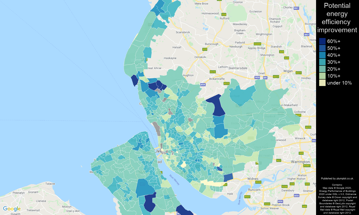 Merseyside map of potential energy efficiency improvement of houses