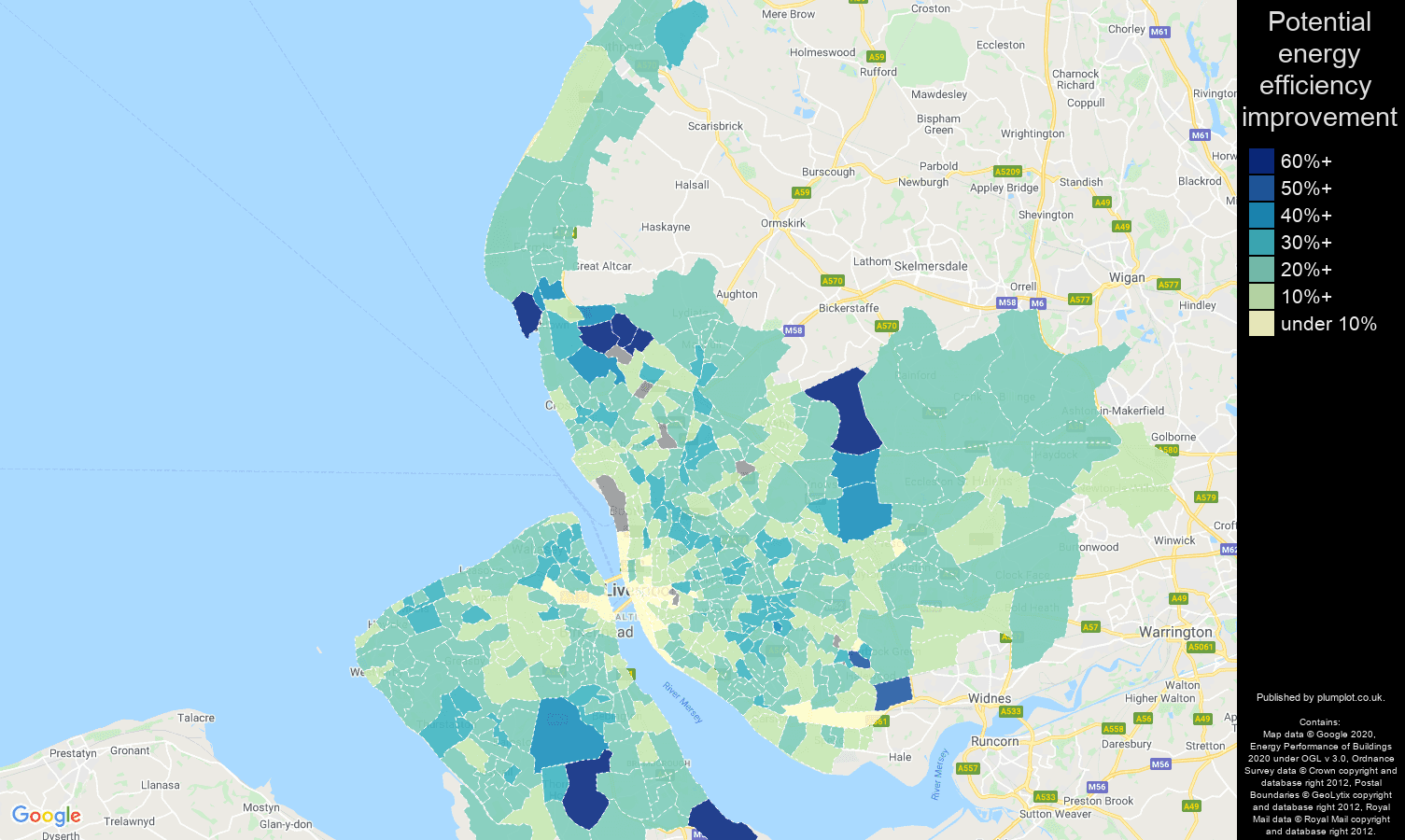 Merseyside map of potential energy efficiency improvement of properties