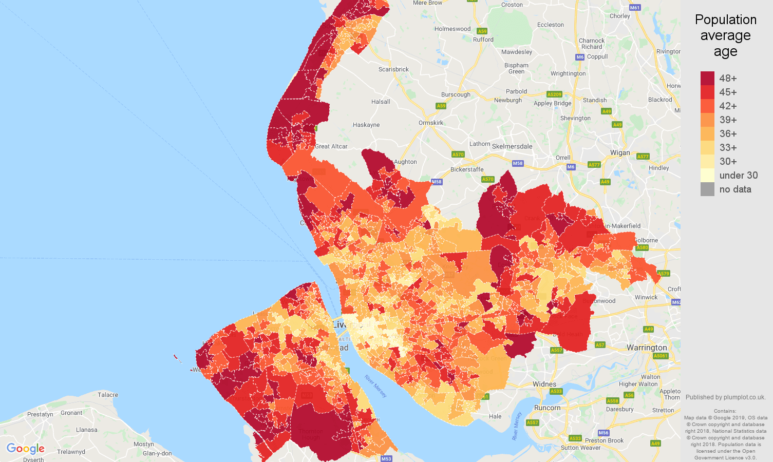 Merseyside population average age map