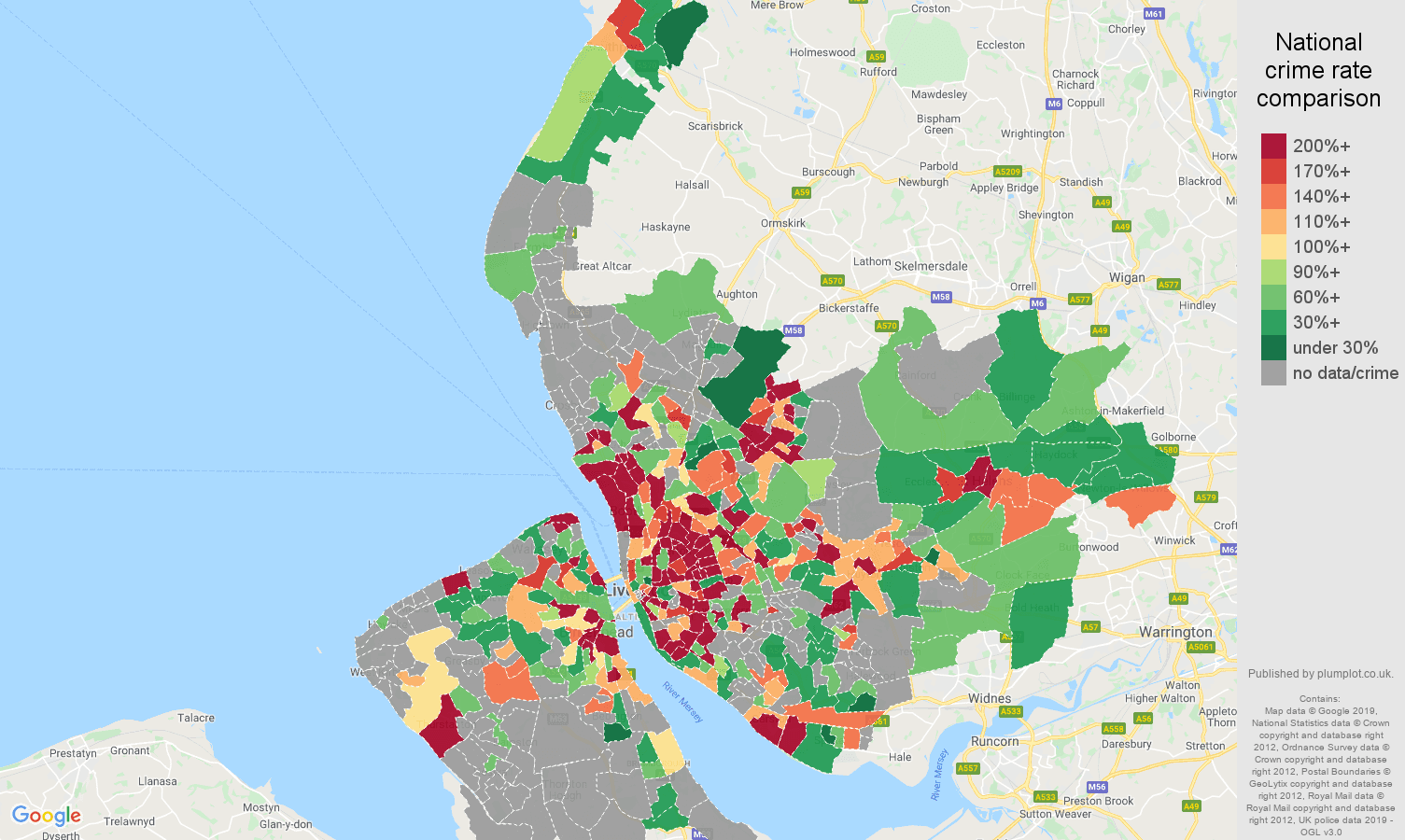 Merseyside possession of weapons crime rate comparison map