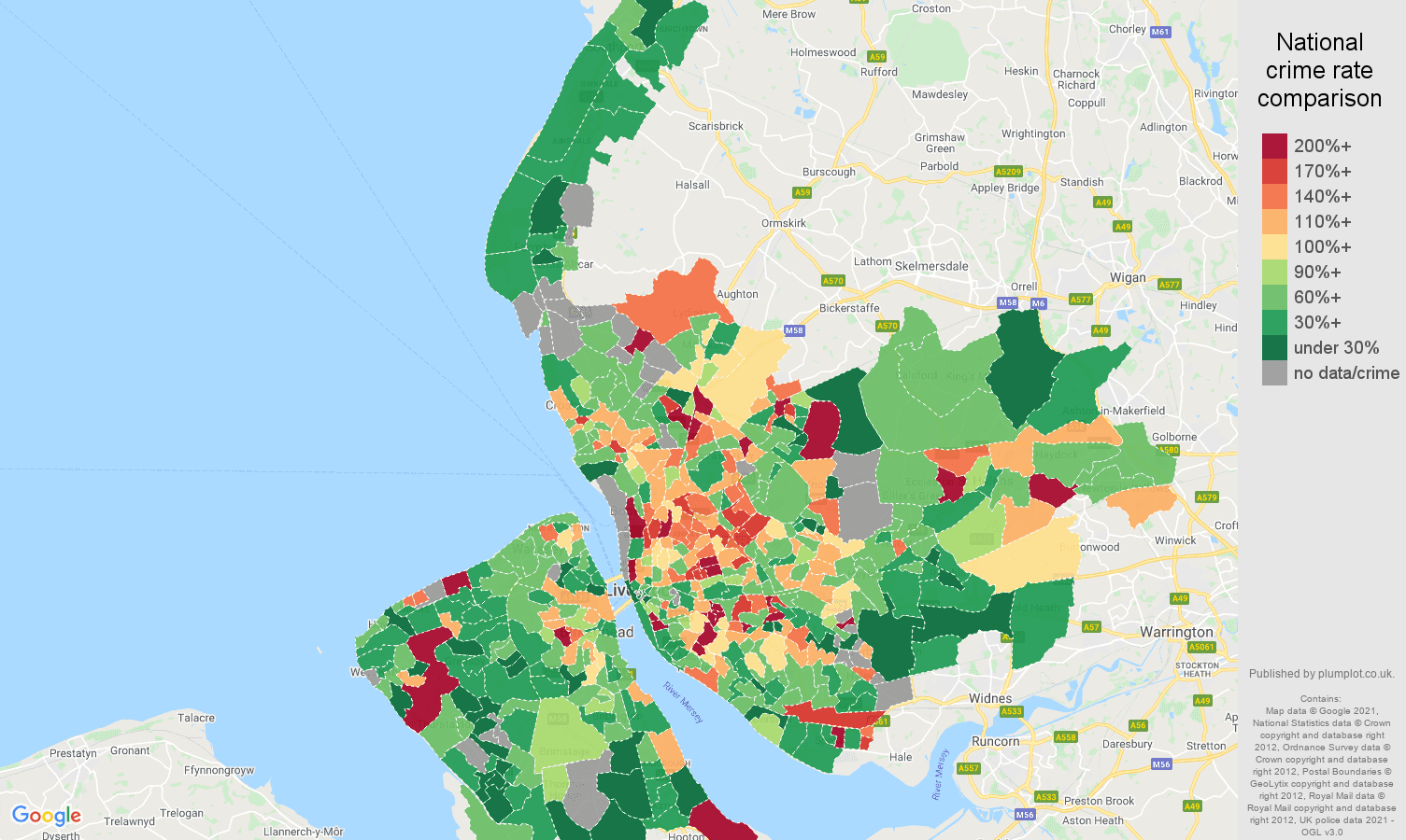 Merseyside vehicle crime rate comparison map