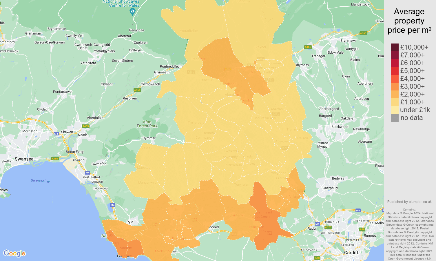 Mid Glamorgan house prices per square metre map