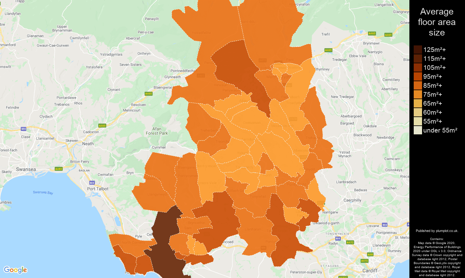 Mid Glamorgan map of average floor area size of properties