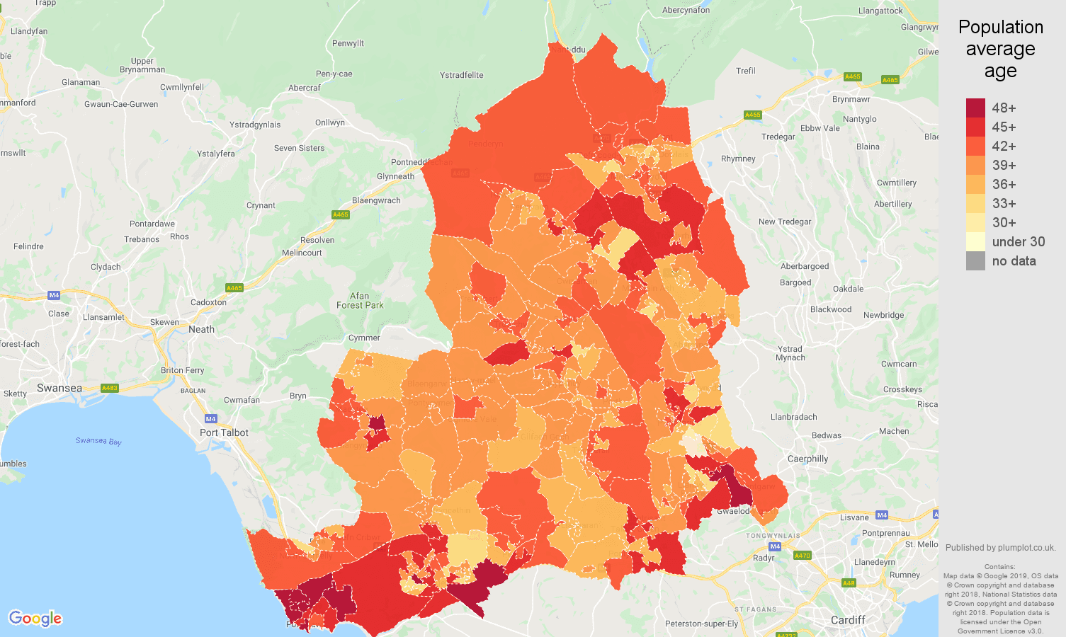 Mid Glamorgan population average age map