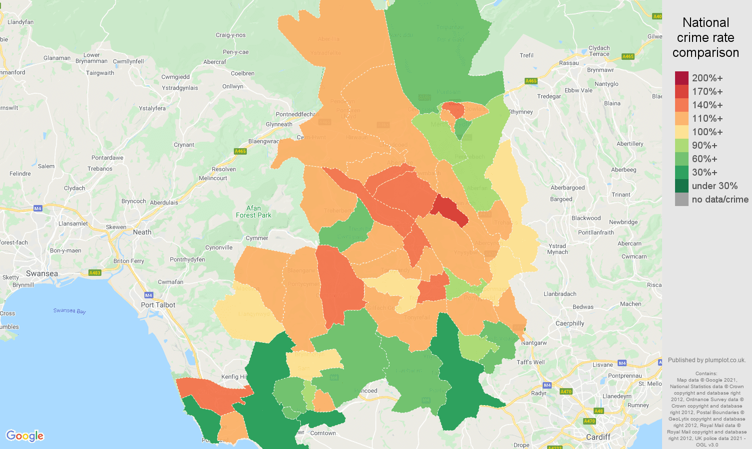 Mid Glamorgan violent crime rate comparison map