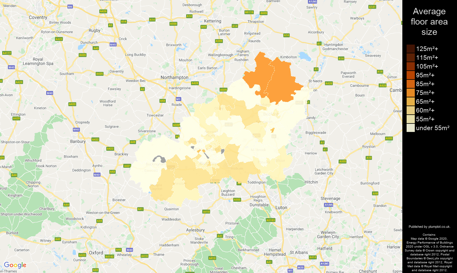 Milton Keynes map of average floor area size of flats