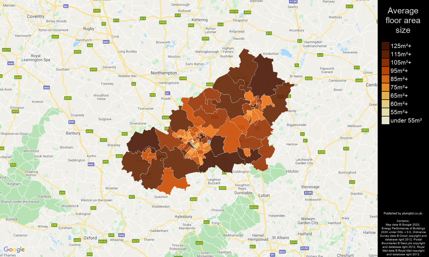Milton Keynes map of average floor area size of houses