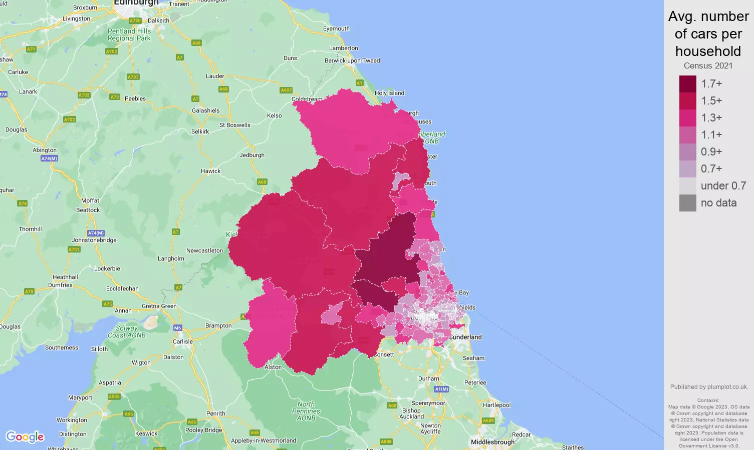 Newcastle upon Tyne cars per household map