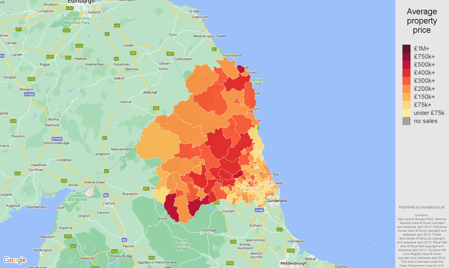 Newcastle upon Tyne house prices map